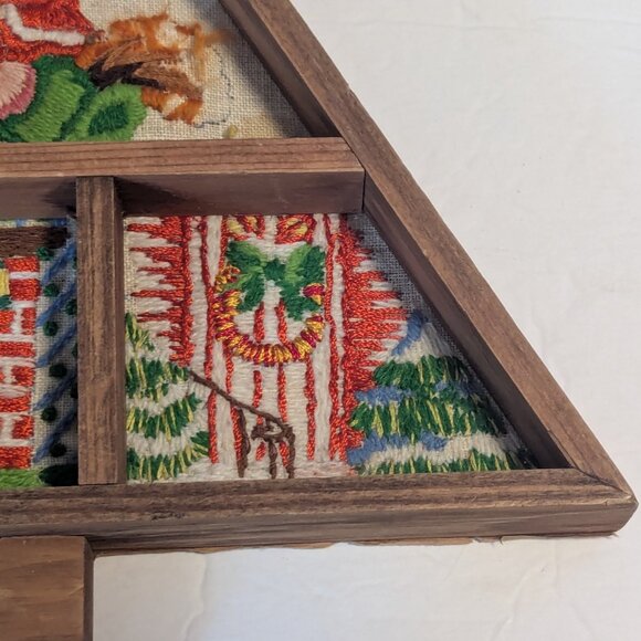 Embroidered Needlework Tree Holiday Wood Diorama Christmas Wood Décor Shadowbox - Picture 5 of 10